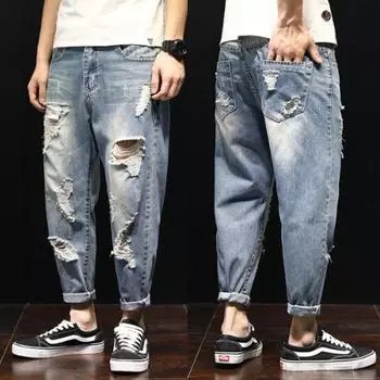 Летние джинсы с рваными дырками, мужские свободные повседневные брюки, мужские тонкие брюки, прямые брюки, брюки Харлан 28