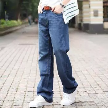 Летние джинсы высокого качества, мужские тонкие свободные широкие брюки, повседневные брюки с эластичной резинкой на талии, большие размеры 28-40 28 синий