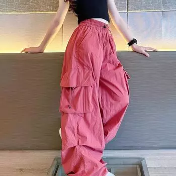 Летние джоггеры для девочек в стиле хип-хоп, брюки-карго для девочек, подростковые прямые брюки с высокой талией, винтажная повседневная уличная одежда, мешковатые брюки 170cm чёрный