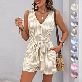 Летние европейские и американские цельные брюки, V-образный вырез, без рукавов, полосатые цельные шорты XL красный