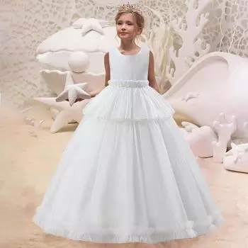 Летние фатиновые платья подружки невесты для девочек, элегантное белое платье принцессы для свадебной вечеринки, детское платье для девочек, костюм для дня рождения и выпускного вечера 8Y белый