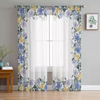Летние фиолетовые цветы, акварельные прозрачные оконные шторы для гостиной, кухни, детской спальни, вуаль, подвесная занавеска 135W x 114H(cm)