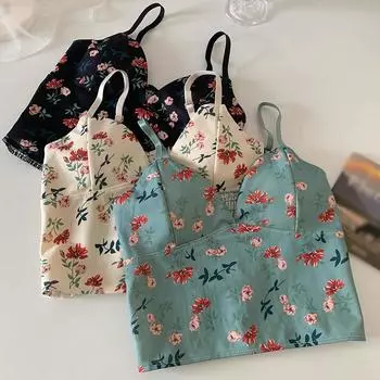 Летние французские шикарные элегантные короткие майки на бретелях, женские майки с цветочным принтом, всемогущий женский корсет с v-образным вырезом, укороченная майка в стиле ретро One Size