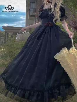 Летние французские винтажные элегантные платья, женское черное модное вечернее платье миди, милое кавайное корейское платье принцессы феи one size белый