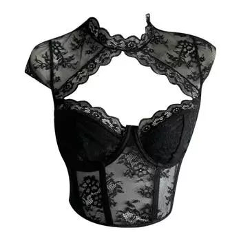 Летние французские винтажные балетные кружевные топы, женские открытые сексуальные кокетки, темный тонкий топ на бретелях Gyaru 2000-х, эстетический дизайн, смысл S чёрный