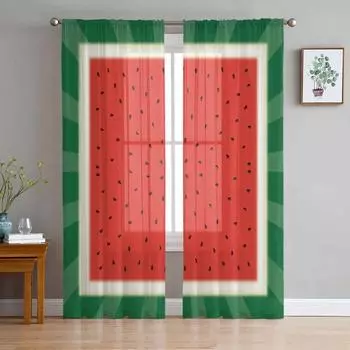 Летние фруктовые арбузные красные зеленые прозрачные шторы для гостиной, украшения оконных штор, кухонных тюлевых вуалей, штор из органзы W135 x H115cm x1&Rod Pocket