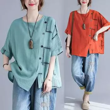 Летние футболки больших размеров из хлопка и конопли, женские, с круглым вырезом, с коротким рукавом, асимметричные, однотонные, модные, универсальные топы XXXL белый