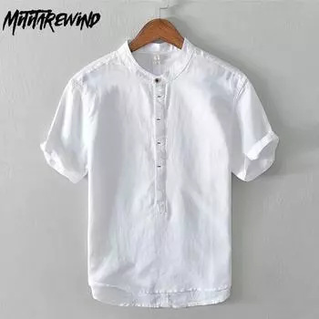 Летние футболки для мужчин Летние повседневные повседневные простые мужские топы и футболки Мужская одежда в китайском стиле из хлопка и льна с воротником-стойкой с коротким рукавом Белая футболка 4XL S небесно-голубой