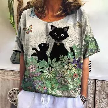 Летние футболки для женщин, модная футболка с 3d принтом милого кота, женская одежда, короткий рукав, футболка в стиле Харадзюку с животными для девочек, каваи S