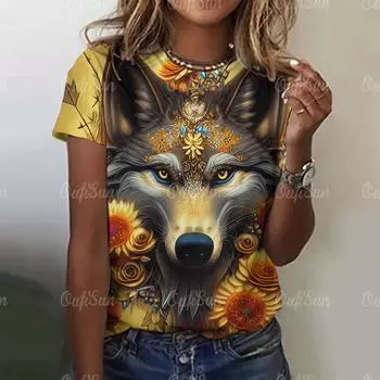 Летние футболки для женщин с принтом волка, свободные блузки с коротким рукавом и круглым вырезом, женские модные топы с рисунком животных, повседневная уличная одежда S