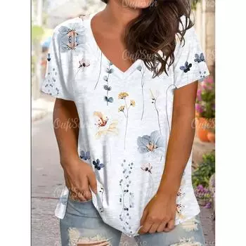Летние футболки для женщин с ретро-цветочным принтом, женские футболки с V-образным вырезом и короткими рукавами, свободные повседневные футболки большого размера для улицы, верхняя одежда S