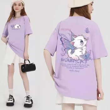 Летние футболки из 100% хлопка с милым мультяшным принтом кота, женские футболки в стиле хип-хоп, уличная одежда, повседневная футболка, женские топы в стиле Харадзюку с короткими рукавами и короткими рукавами, подруга y2k M чёрный