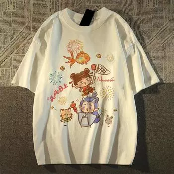 Летние футболки из чистого хлопка Nezha, женские футболки с мультяшным принтом, повседневные футболки в уличном стиле, женские топы Harajuku большого размера с коротким рукавом белого цвета y2k S