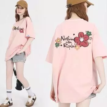 Летние футболки из чистого хлопка с цветочным принтом, женские хип-хоп уличные повседневные футболки, женские топы Harajuku с короткими рукавами и короткими рукавами, розовые топы y2k M чёрный