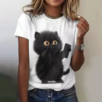 Летние футболки Kawaii с принтом в виде маленькой черной кошки в формате 3D, женская уличная одежда, повседневная мода Y2k, футболка с коротким рукавом, футболки с круглым вырезом, топы, одежда S