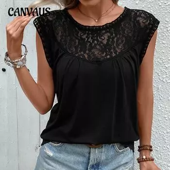 Летние футболки Кружевные лоскутные топы без рукавов с круглым вырезом S чёрный