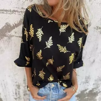 Летние футболки, модные, для отдыха, свободные, с короткими рукавами, с цветочным принтом, женские, с круглым вырезом, на пуговицах, женские S чёрный