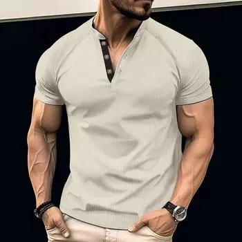 Летние футболки мужские однотонные с круглым вырезом на пуговицах вафельные повседневные спортивные футболки S белый