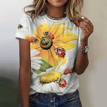 Летние футболки с 3D-принтом «Божья коровка» для женщин, повседневная мода 2000 года, футболка с коротким рукавом, футболки с круглым вырезом, топы, одежда XXS