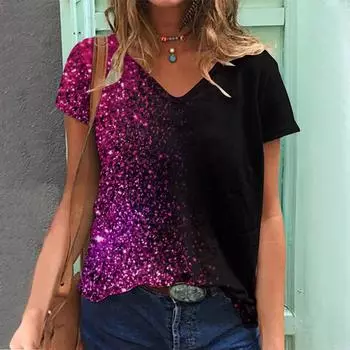 Летние футболки с 3D-принтом и пайетками, женская повседневная мода, уличная одежда, футболка с коротким рукавом и V-образным вырезом, футболки Harajuku, топы, одежда S