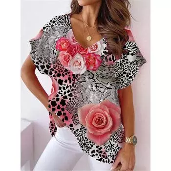 Летние футболки с 3D-принтом «Подсолнух», «Леопард», «Цветочные», женская футболка с V-образным вырезом и коротким рукавом, футболки Harajuku больших размеров, топы, женская одежда S