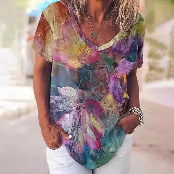 Летние футболки с 3D-принтом «Подсолнухи и листья», женская уличная футболка, топы Y2k, футболки с V-образным вырезом для девочек, свободная одежда Harajuku S