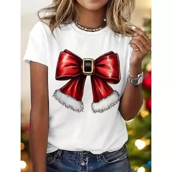 Летние футболки с 3D-принтом «Рождественская елка» и бантом, женская уличная одежда, повседневная мода 2000 года, футболка с коротким рукавом, футболки с круглым вырезом, топы, одежда M