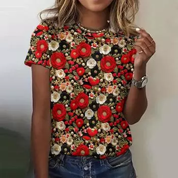 Летние футболки с 3D-принтом с цветочным принтом для женщин, повседневная мода в стиле Харадзюку, футболка с коротким рукавом, футболки с круглым вырезом, топы, одежда XXS