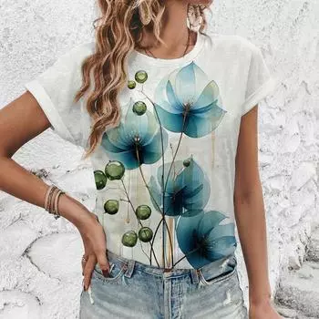 Летние футболки с 3D-принтом с цветочным принтом для женщин, повседневная мода Y2k, элегантные футболки с коротким рукавом, футболки с круглым вырезом, топы, одежда M