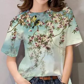Летние футболки с цветочным принтом в виде 3D-цветов, женская уличная одежда, повседневная мода 2000 года, футболки с коротким рукавом, футболки с круглым вырезом, топы, одежда SX