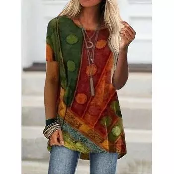 Летние футболки с геометрическим 3D принтом, уличная одежда, женская винтажная футболка с коротким рукавом в стиле бохо, топы-туники, футболки больших размеров, женская одежда