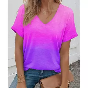 Летние футболки с градиентным 3D-принтом, женская повседневная мода, уличная одежда, короткий рукав, V-образный вырез, футболки для девочек, топы, женская одежда S