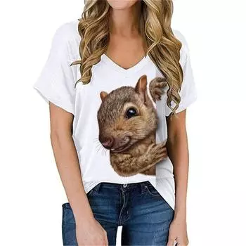 Летние футболки с изображением животных и забавной белки в формате 3D, женская повседневная уличная одежда, футболка с коротким рукавом и V-образным вырезом, футболки Harajuku, топы, одежда S
