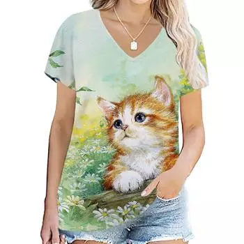 Летние футболки с изображением животных с 3D-принтом для домашних животных, женская мода, уличная одежда, футболка с V-образным вырезом, топы Y2k, футболки, свободные футболки, женская одежда Harajuku S