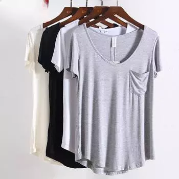 Летние футболки с карманами из модала, женские черные/серые/белые/бежевые свободные футболки с короткими рукавами и v-образным вырезом, однотонные мягкие женские футболки S серый