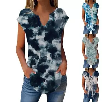 Летние футболки с короткими рукавами для женщин, модные свободные повседневные нарядные туники с V-образным вырезом, плиссированные топы на бретелях L синий