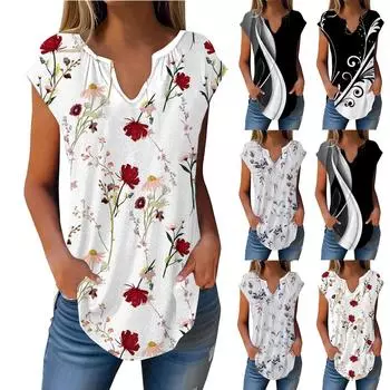 Летние футболки с короткими рукавами для женщин, модные свободные повседневные нарядные туники с V-образным вырезом, плиссированные топы на бретелях L чёрный