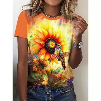 Летние футболки с принтом «Цветок и птица» с 3D-принтом для женщин, уличная одежда, повседневная мода в стиле Харадзюку, Y2k, футболка с коротким рукавом, футболки с круглым вырезом, топы, одежда S