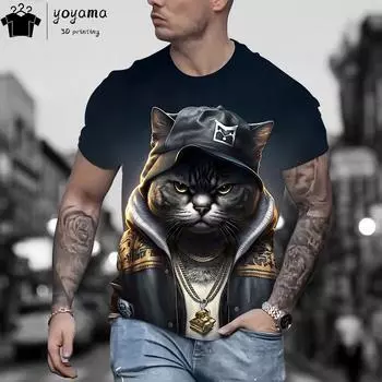 Летние футболки с рисунком хип-хопа и кота, повседневные модные футболки для мужчин, свитер с круглым вырезом и короткими рукавами, футболка Street Rock для мужчин 4XL