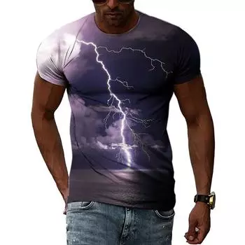 Летние футболки с рисунком молнии и природным пейзажем, мужские модные повседневные футболки с 3D принтом в стиле хип-хоп, топы с круглым вырезом в стиле Харадзюку L