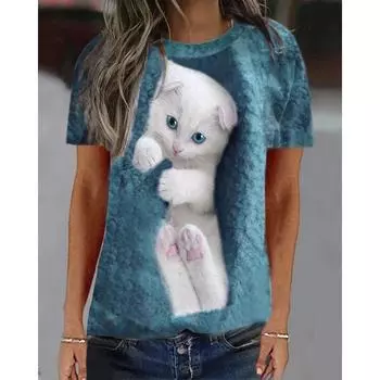 Летние футболки Винтажные свободные топы с принтом животных Женские футболки с короткими рукавами и круглым вырезом S розовый