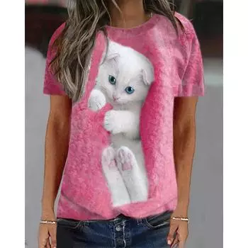 Летние футболки Винтажные свободные топы с принтом животных Женские футболки с короткими рукавами и круглым вырезом S розовый