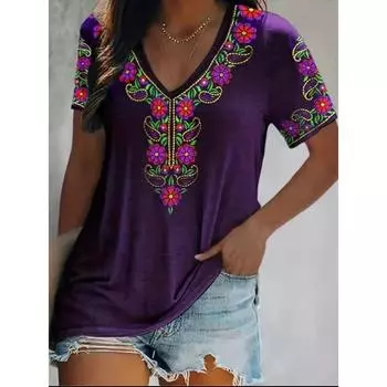 Летние футболки в этническом стиле с 3D-принтом для женщин, винтажная уличная одежда, повседневная футболка с коротким рукавом и V-образным вырезом, футболки Harajuku, топы, одежда S