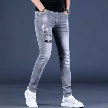Летние горячие дрель-принты мужские джинсы высокого класса мужские узкие брюки с маленькими отверстиями для ног трендовые брюки 28 серый