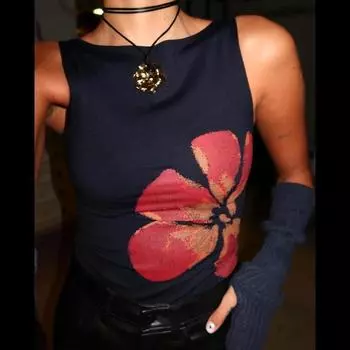 Летние готические топы Y2k с принтом, тонкие, женские, винтажные, сексуальные, без рукавов, уличные, модные, шикарные, ретро, повседневные, эластичные, для вечеринок, майки M чёрный