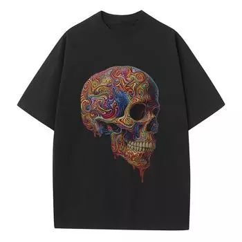 Летние графические футболки из чистого хлопка, дышащие, мужская и женская одежда, топы с черепом, футболка оверсайз с тяжелым спущенным плечом S