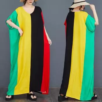 Летние хлопковые цветы Свободное повседневное платье-халат с рукавами «летучая мышь» и V-образным вырезом для женщин Платья one size