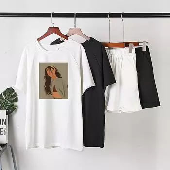 Летние хлопковые футболки с принтом, женские повседневные футболки из двух предметов с короткими рукавами и короткие штаны с высокой талией, однотонные спортивные костюмы M чёрный