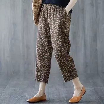 Летние хлопковые и конопляные набивные брюки свободного покроя из хлопка и конопли, размер 7, для женщин, с цветочным принтом, прямые брюки с эффектом темперамента M темно-коричневого