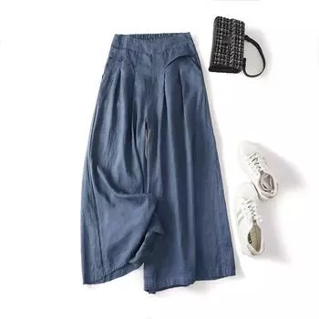 Летние хлопковые и льняные драпированные свободные и тонкие повседневные широкие брюки с высокой талией и девятью точками, женская юбка M белый